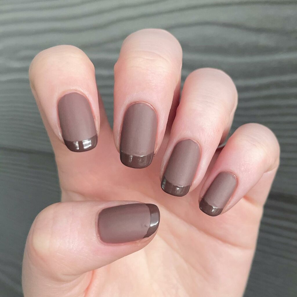 Brown French Nail With A Matte Light Brown On Base