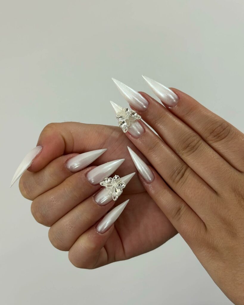 Stiletto White Pearl Nail With Butterflies