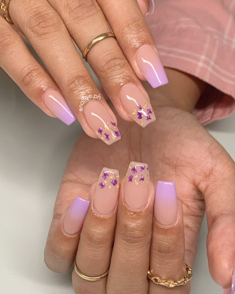 Purple Ombre Coffin Nail With Gold Flakes On Tips