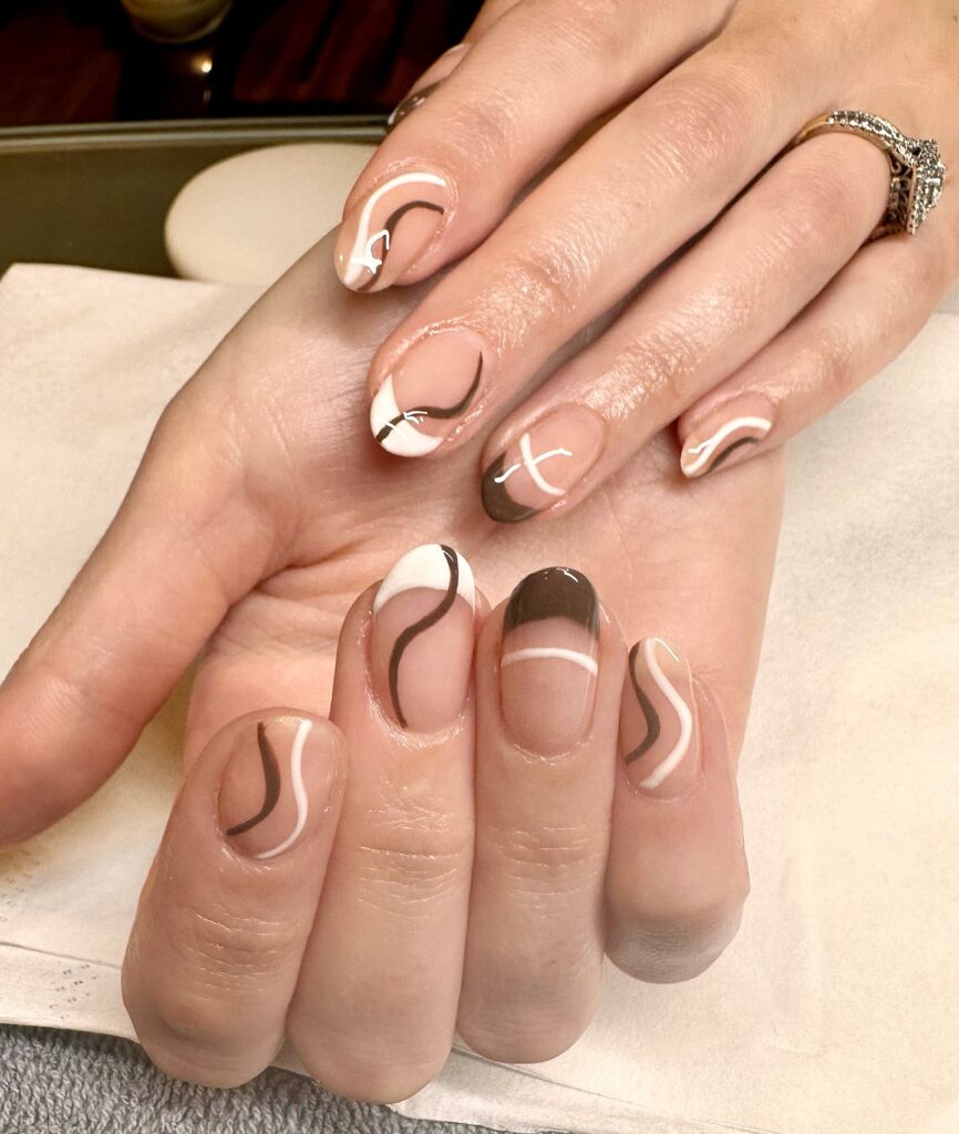 Brown And White French Nail With Swirls