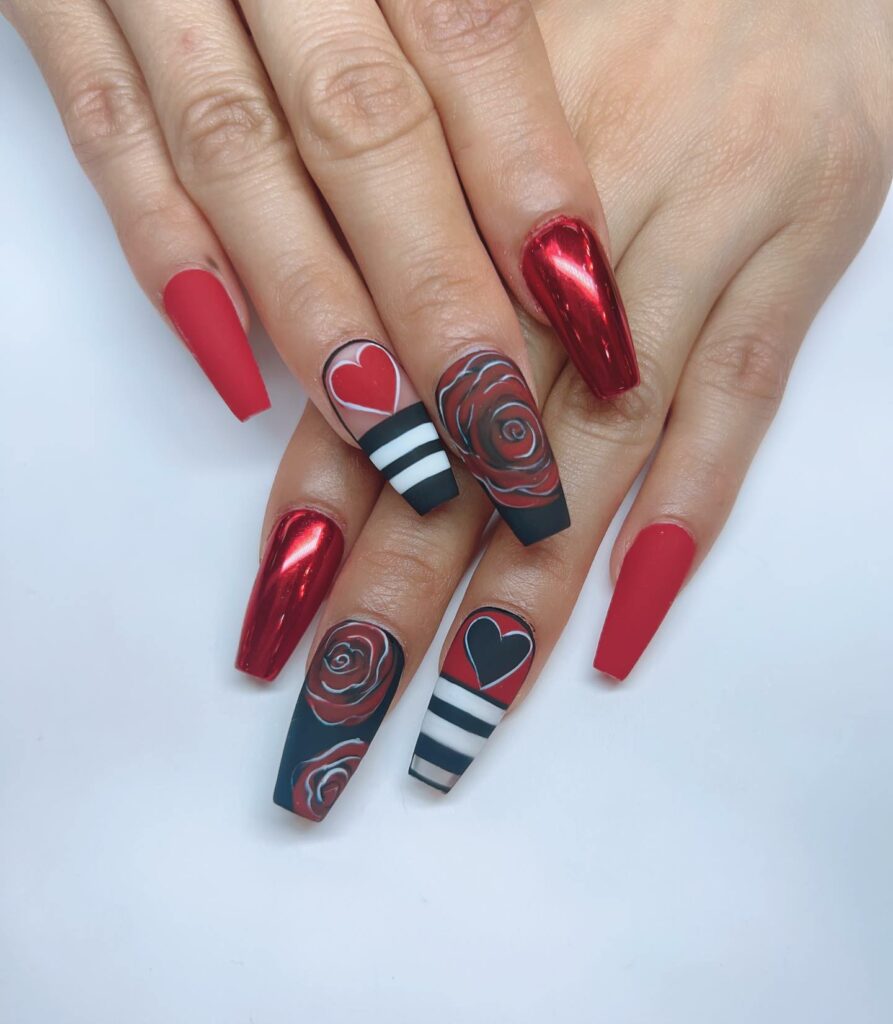 Red Coffin Nail With Heart And Rose 