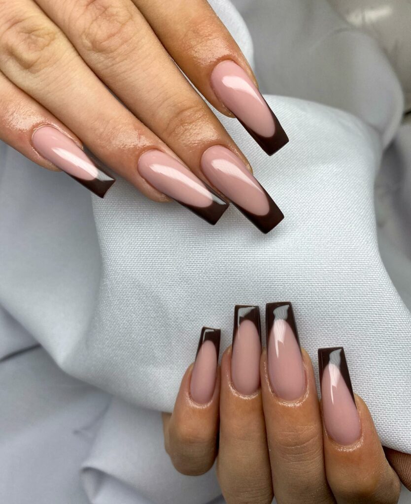 Brown French On Long Square Shape Nail