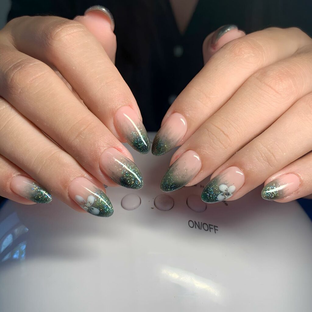 Green Ombre Tips Nails With Flower Design
