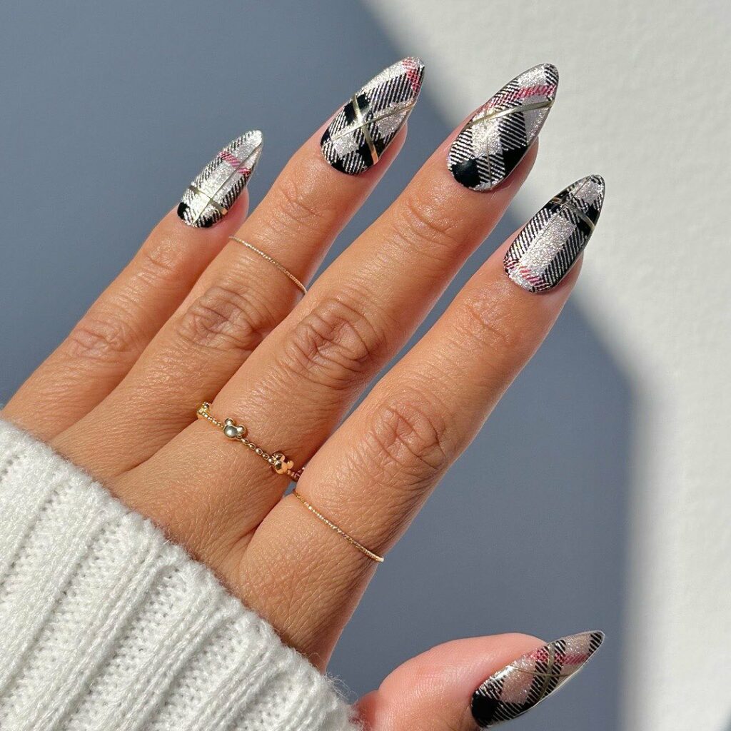 Black And Silver Plaid Nails