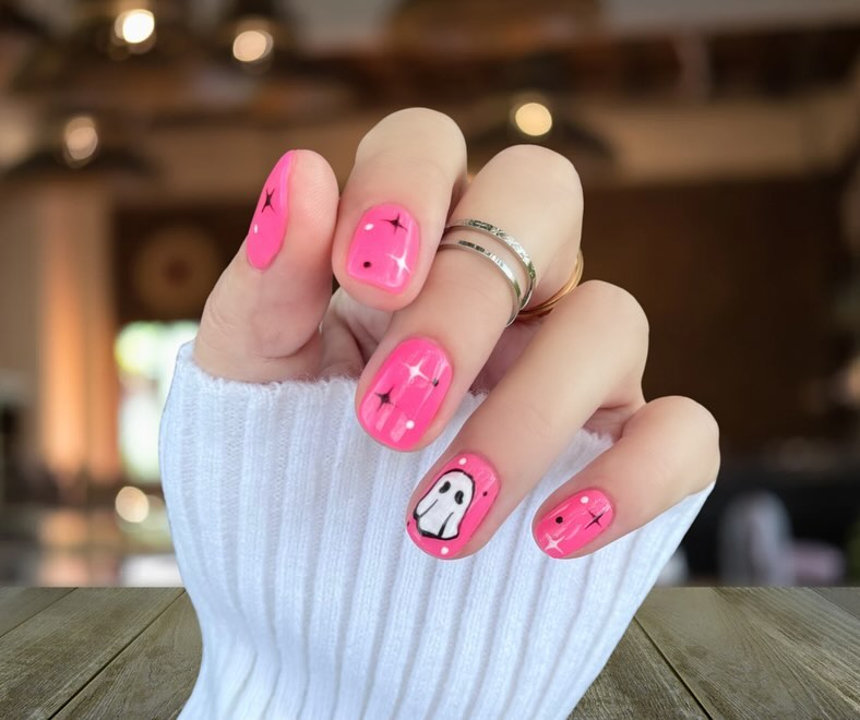 Short Pink Nails with Cute Ghost Design