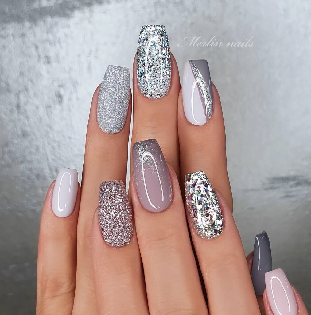 Grey Ombre Christmas Nails With Glitter