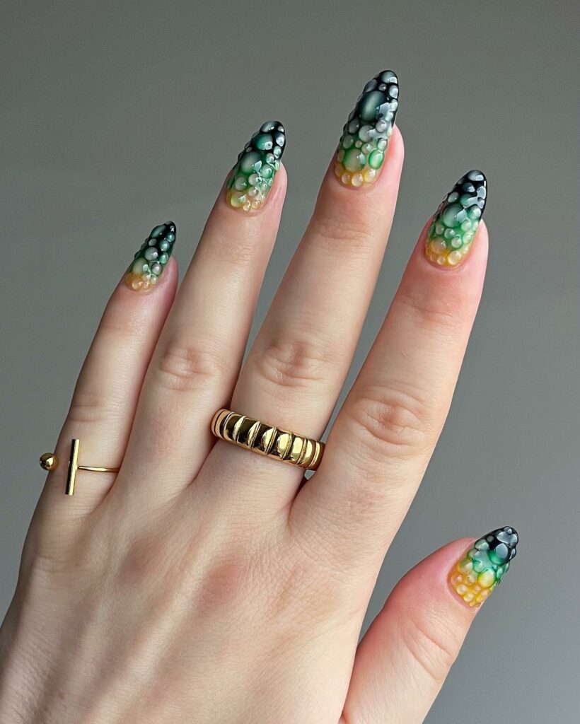Green And Black Nails With 3D Design