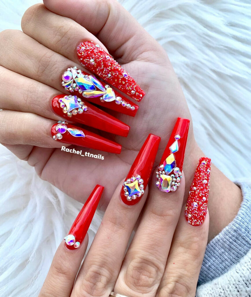Red Coffin Nail With Colorful Rhinestones