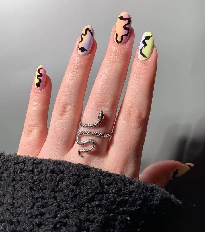 Colorful Ombre Almond Nails With Snakes Design
