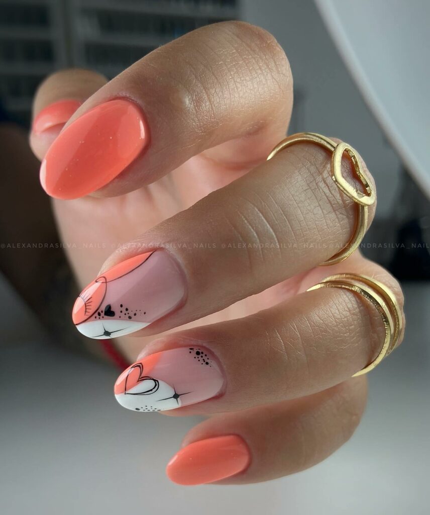Coral Abstract Nails With Hearts Design