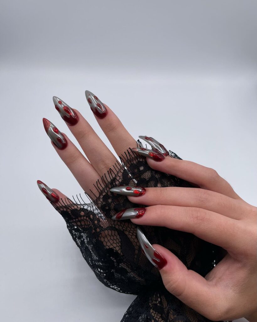 Metallic Nails With 3D blood Design