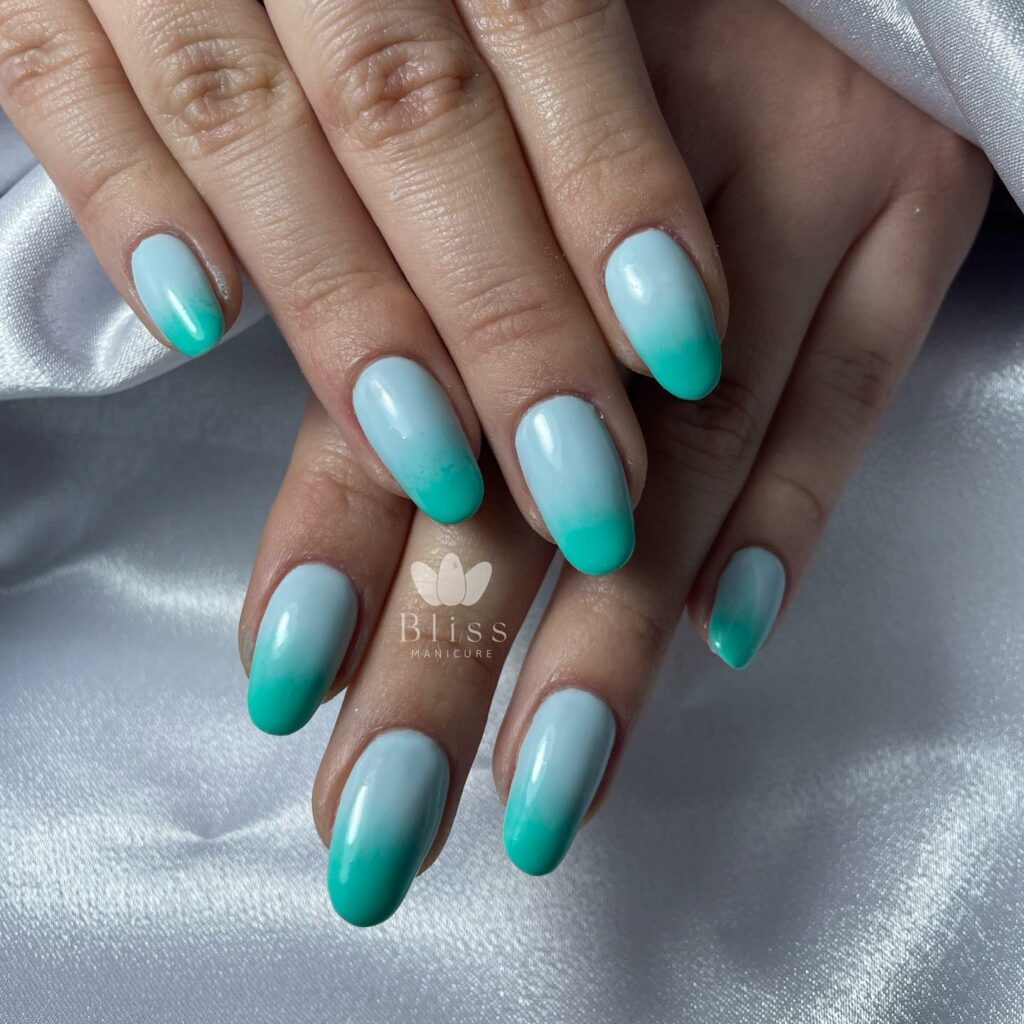 Green Ombre Tips On Blue Base Nails