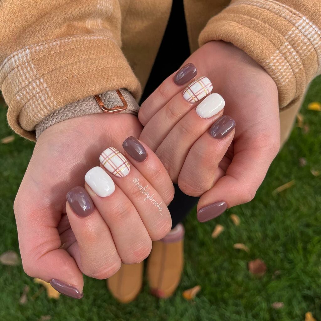 Brown And White Plaid Nails