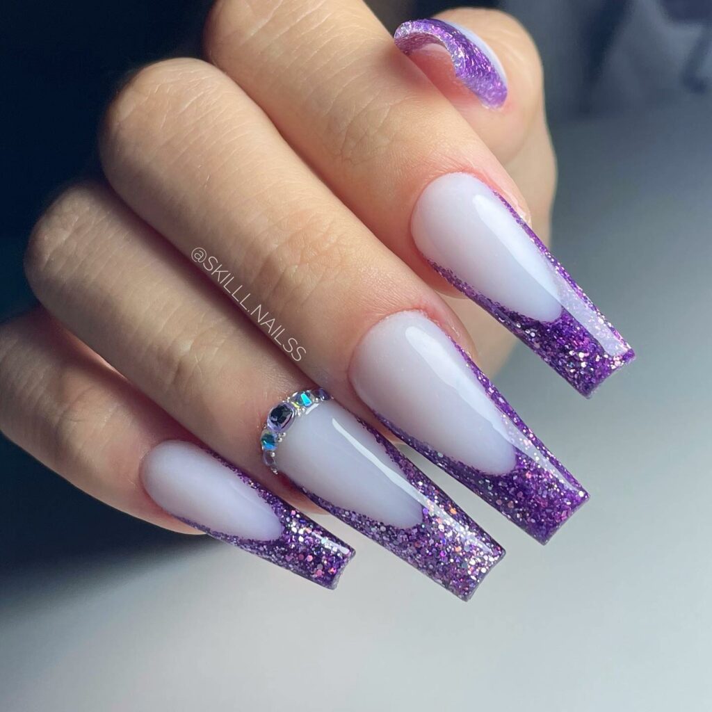 Purple French Coffin Nail With Glitters