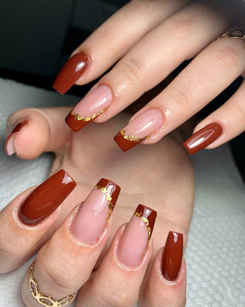 Brown French Nail With Gold Foils