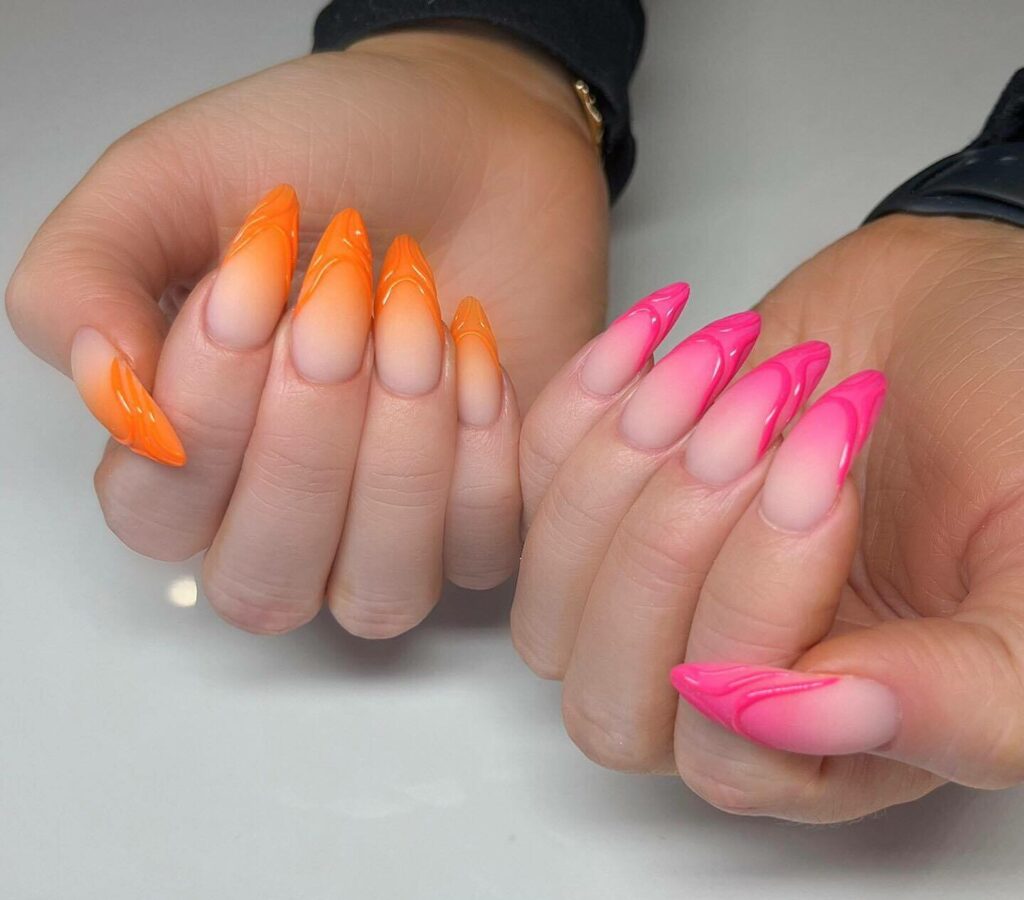 Pink And Orange Matte Nails With 3D Design On Tips