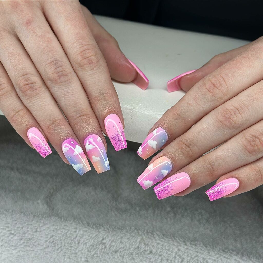 Cotton Candy Nails With Clouds And Glitters Design