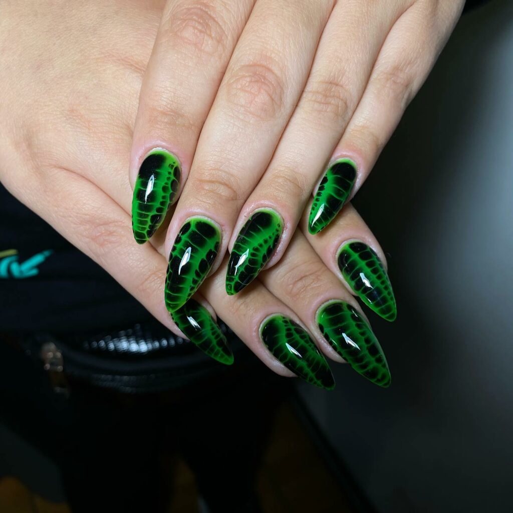Green And Black Nails With Crocodile Skin Design
