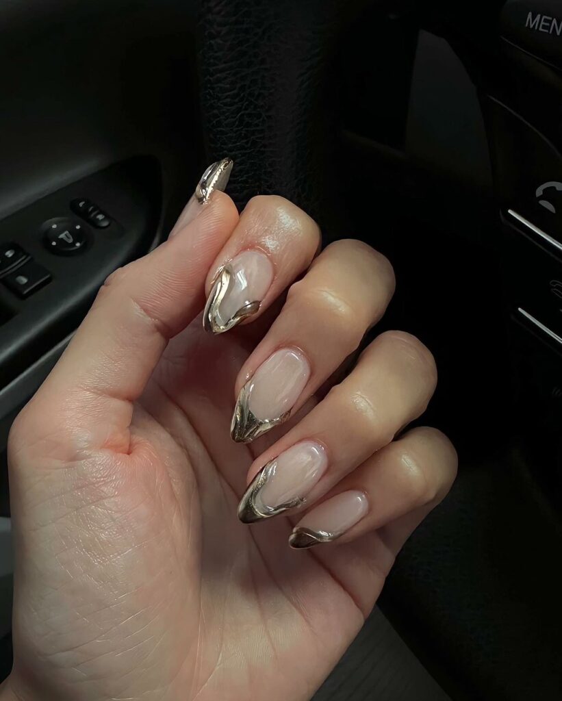 3D Silver Chrome French Nails