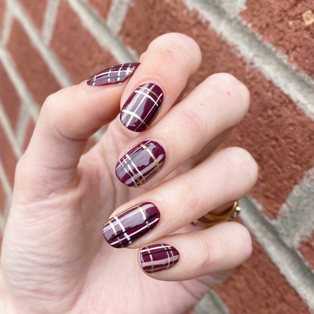 Dark Red Plaid Nails