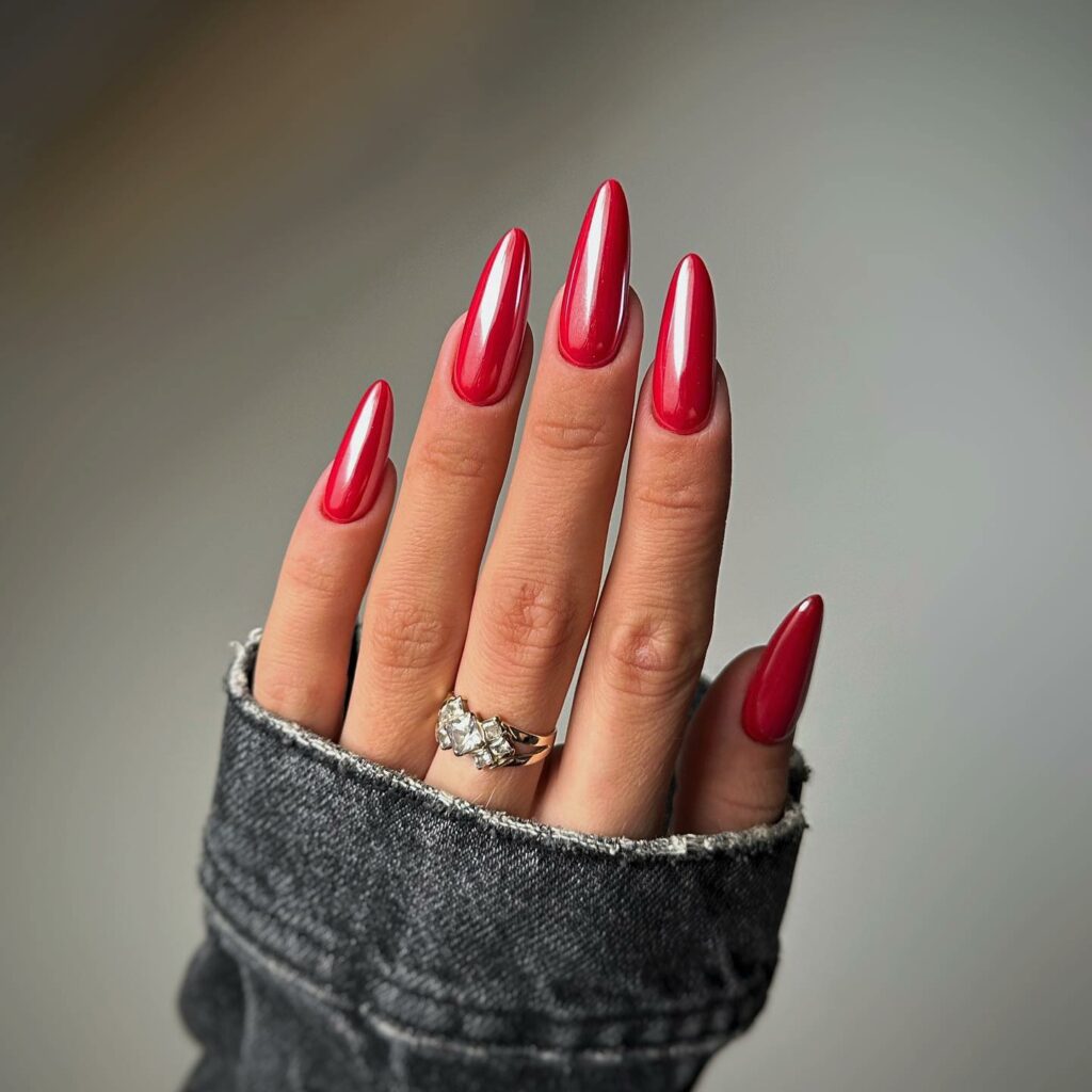 Glossy Red Almond Nails