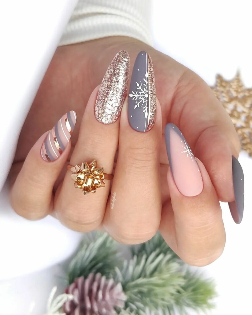 Christmas-Inspired Grey Nails With Copper Glitter