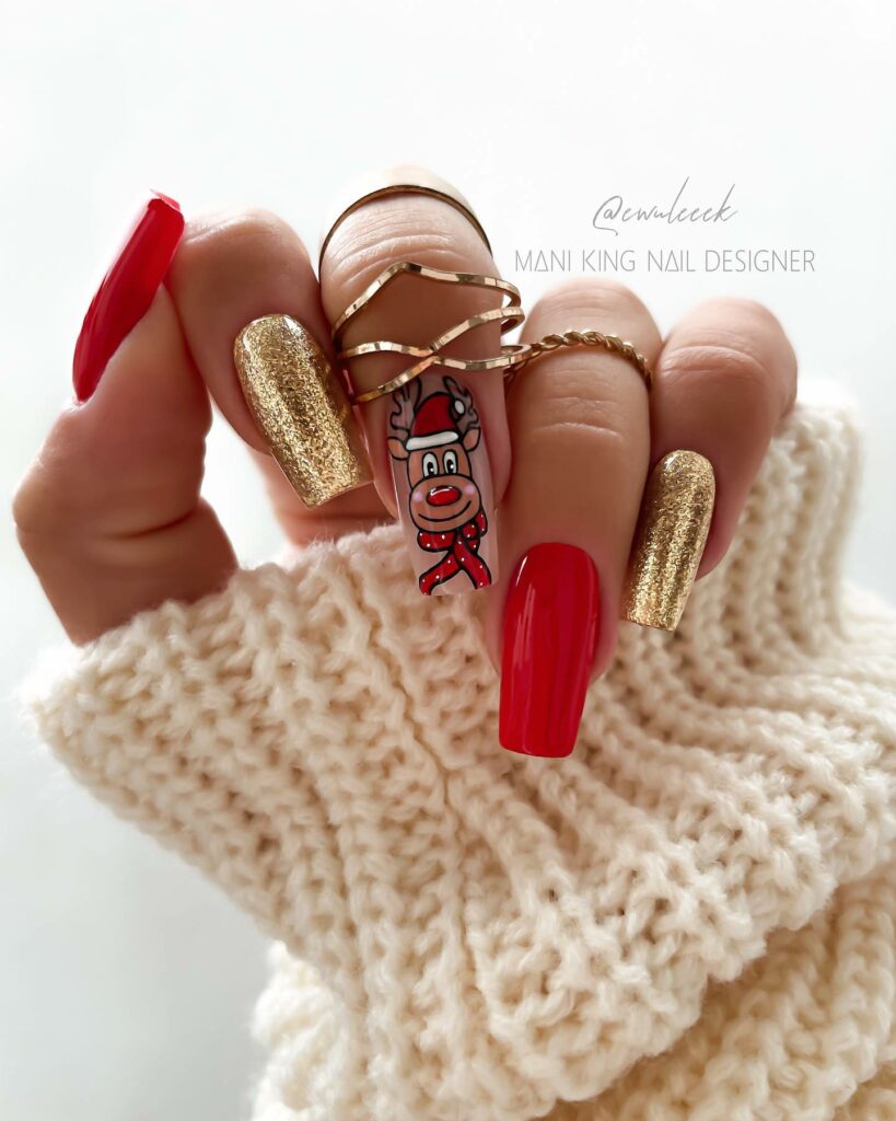 Gold And Red Winter Nails With Rudolph  