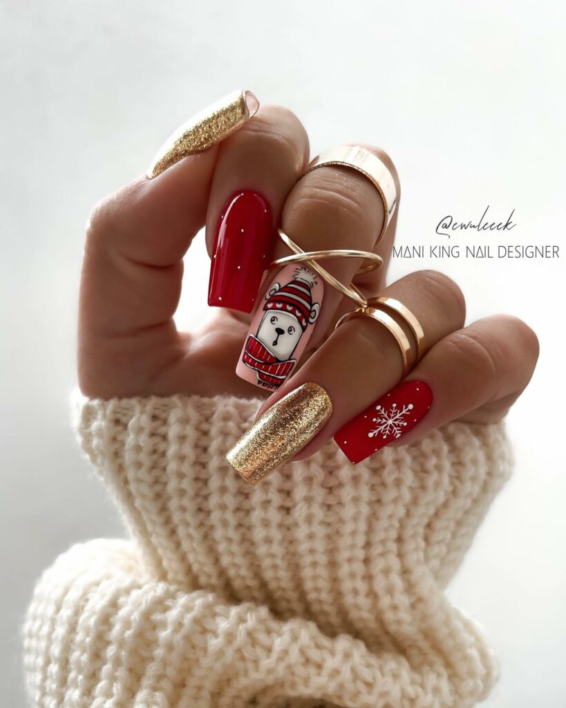Red And Gold Winter Nails With Cute Polar Bear Design