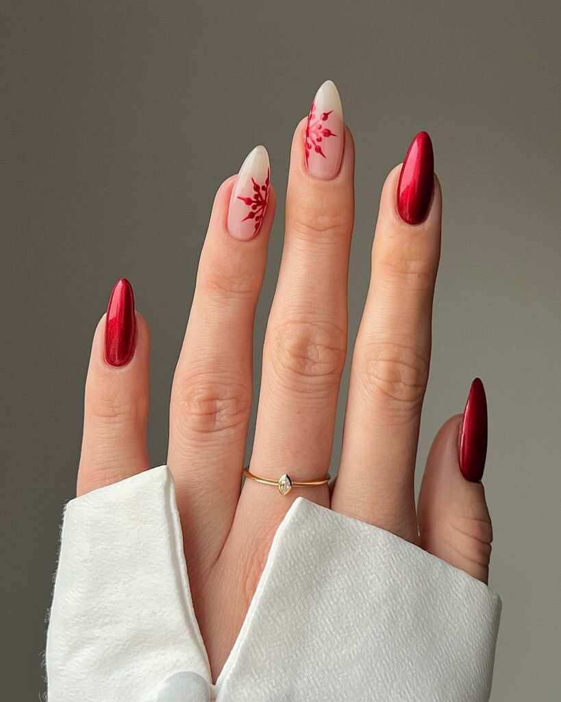 Red Almond Nails With Snow Flake Design