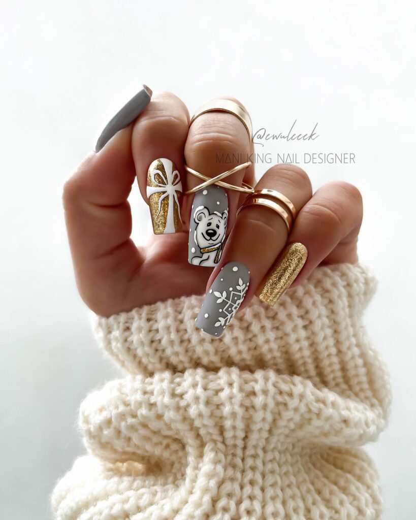 Grey And Gold Winter Nails With Polar Bear