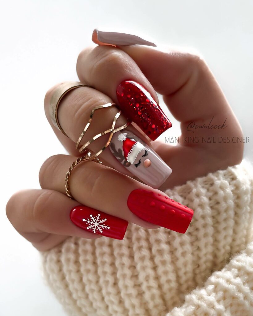 Red Winter Nails With Santa Claus Design