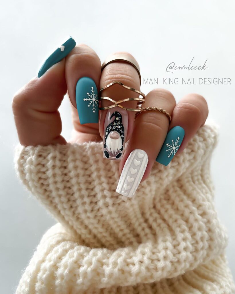 Matte Blue Green Winter Nails With Dwarf Design