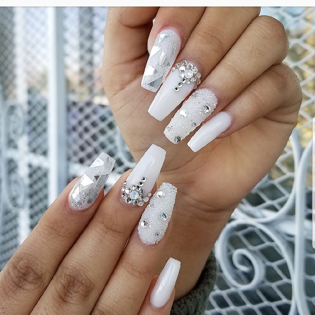 White Coffin Nails With Silver Foils, Rhinestones And Glitters
