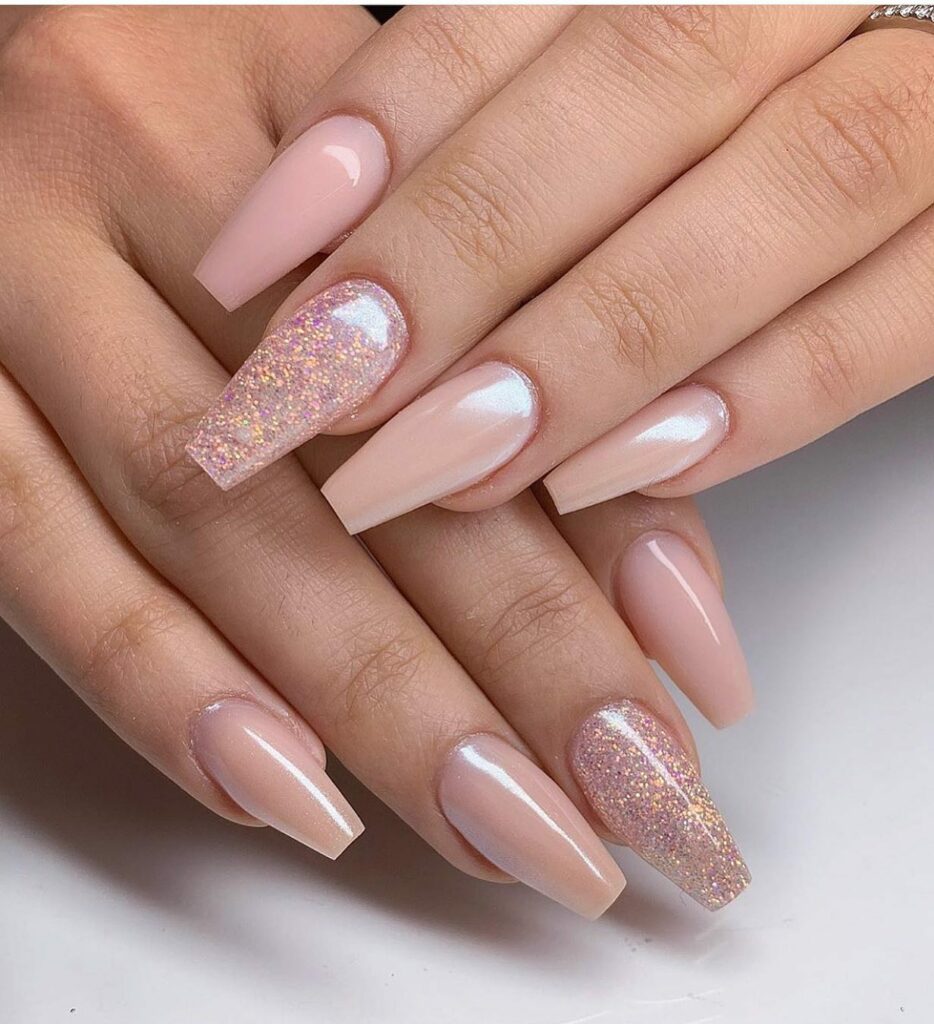 Coffin Nude Nails with Glitter