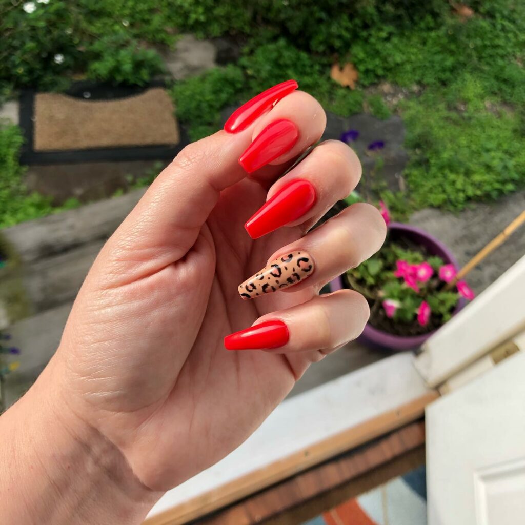 Red Coffin Nail With Animal Pattern