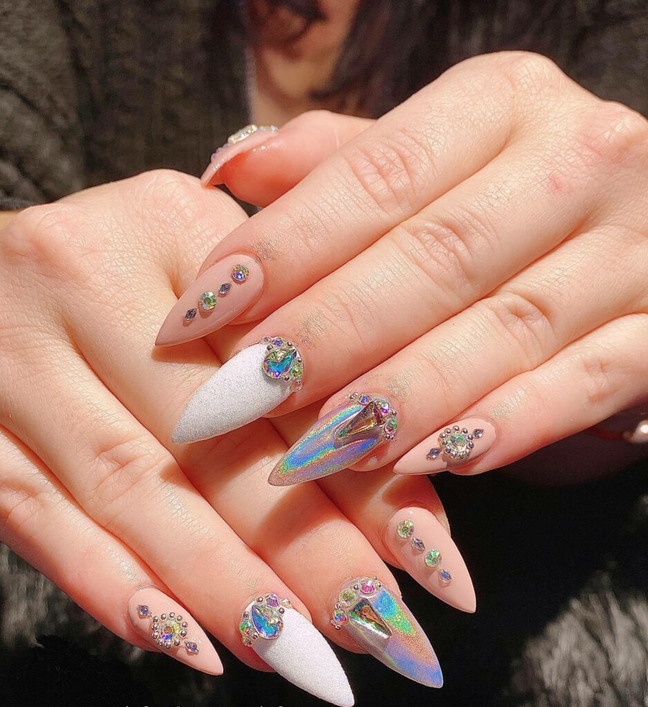 Holographic Nail With Rhinestones
