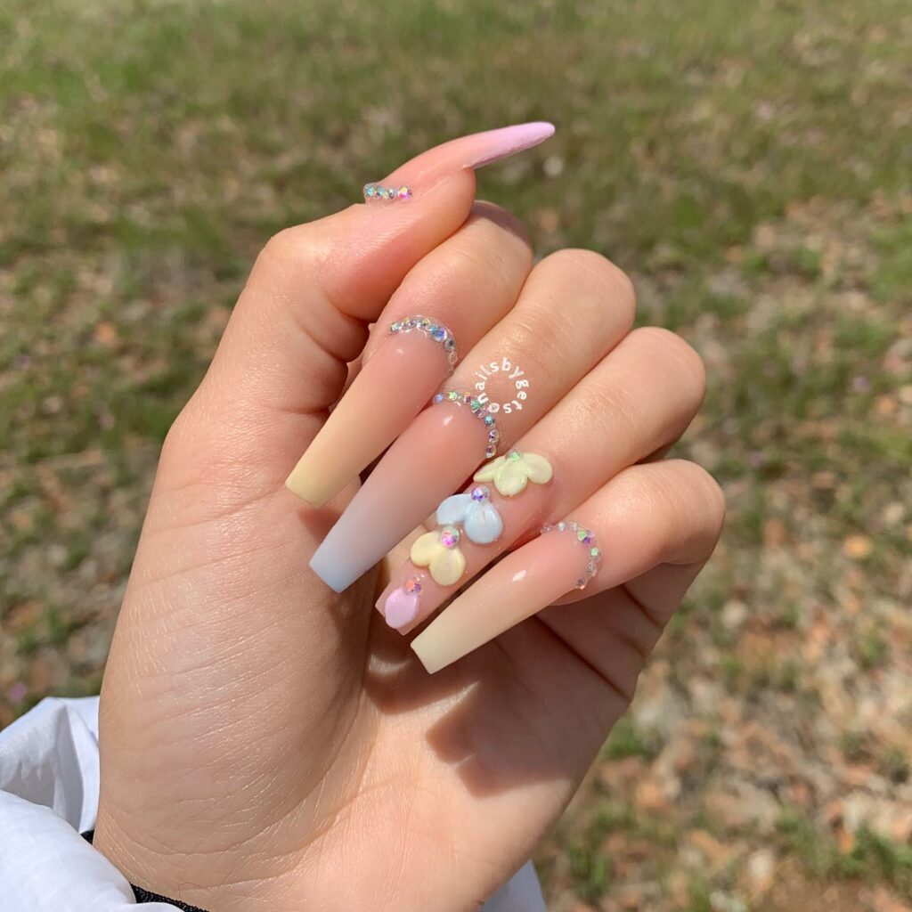 Cotton Candy Coffin Nails With Rhinestones