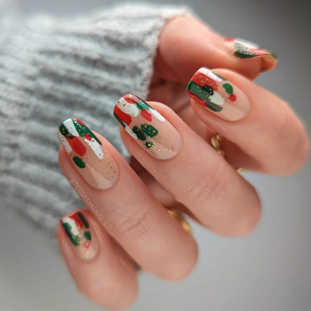 Abstract Art on Green Christmas Nails
