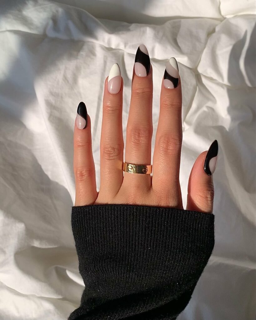 Abstract White and Black Almond Nails