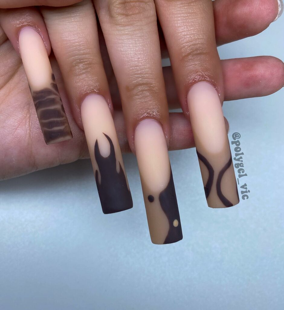 Acrylic Brown French Nails with Flames