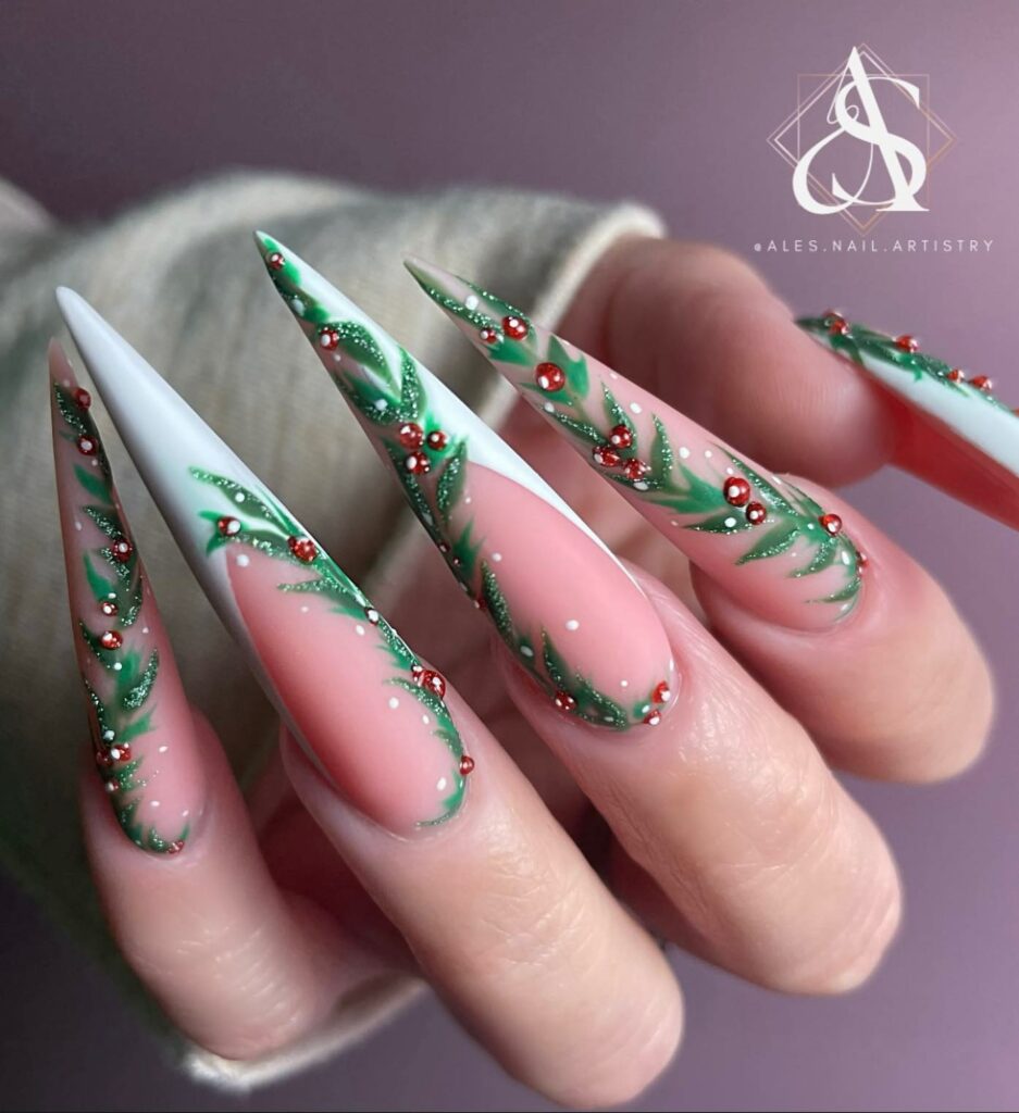 French Tip and Stiletto Green Christmas Nails