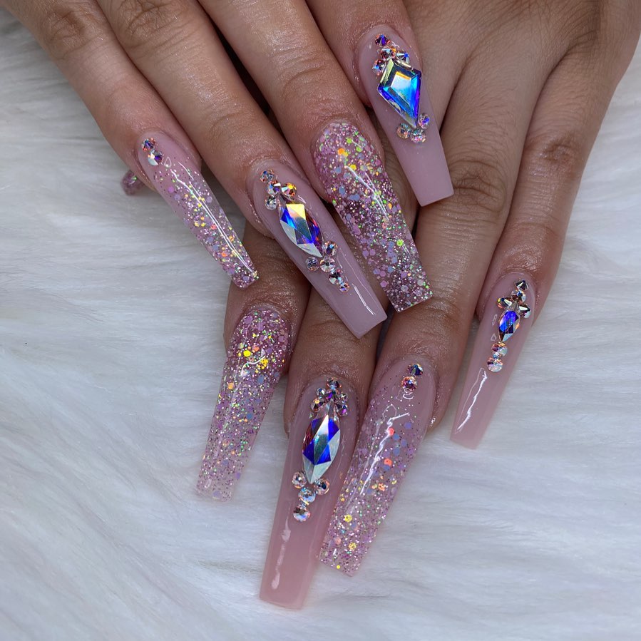 Acrylic Light Pink Nails with Rhinestone