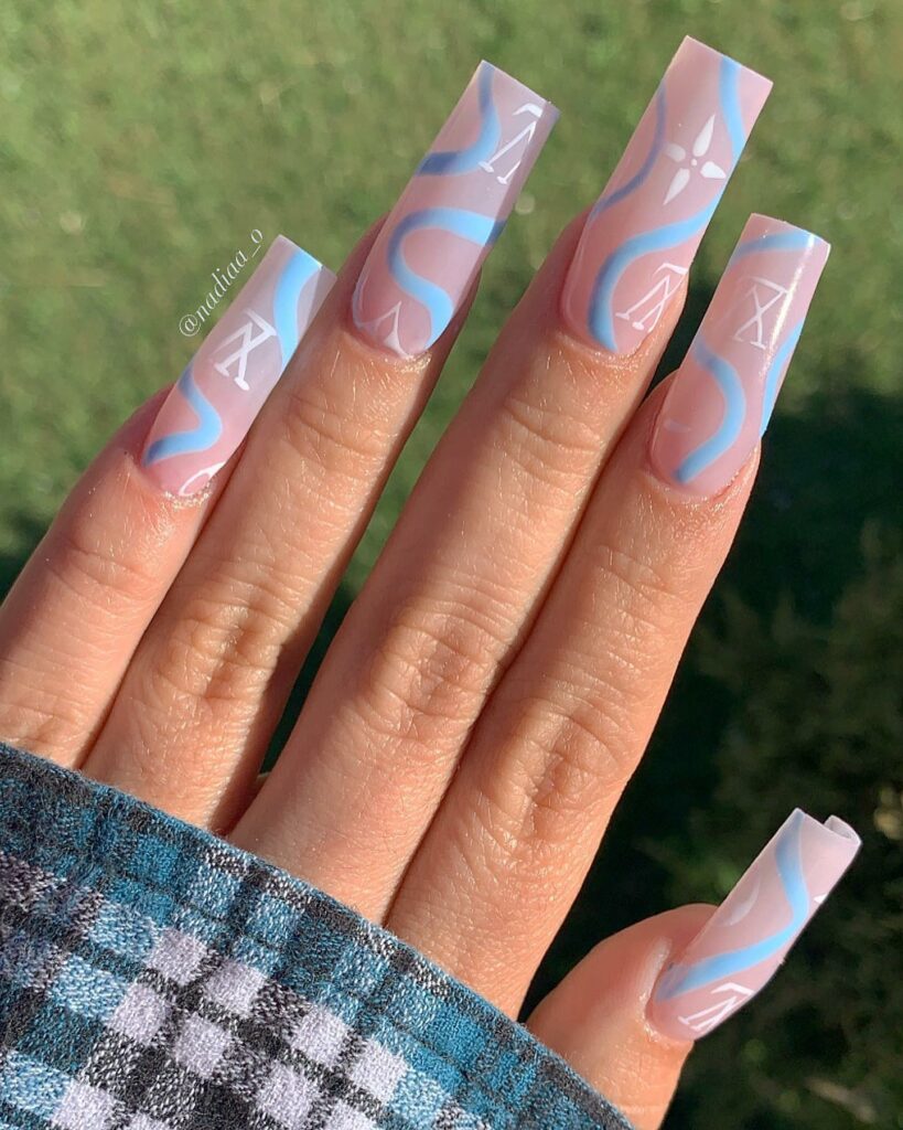 Acrylic Ombré Nails with Blue Swirls and Louis Vuitton