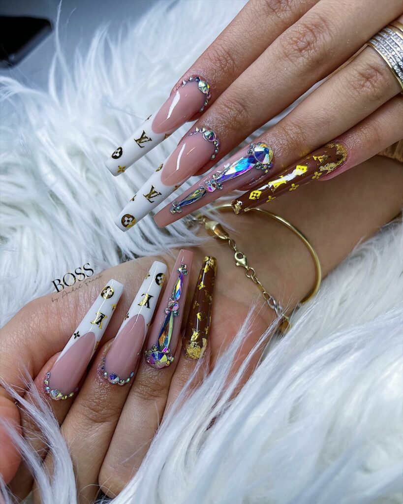 Acrylic Ombré Louis Vuitton Nails with Rhinestones