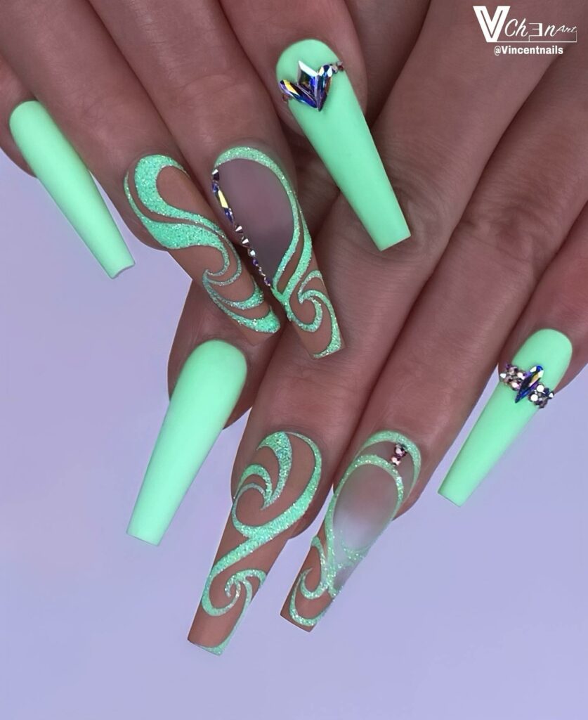 Glossy Acrylic Mint Green Nails
