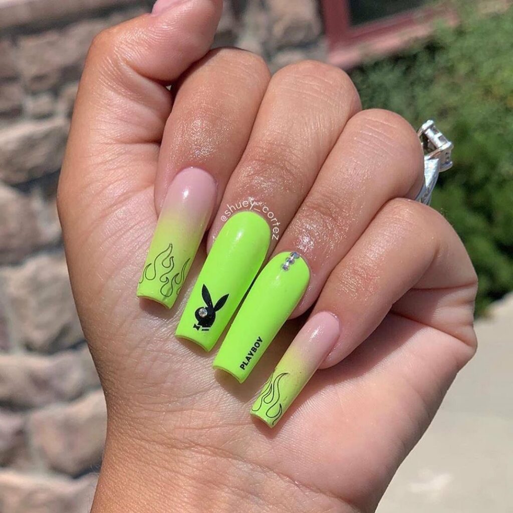 Acrylic Neon Green Playboy Nails