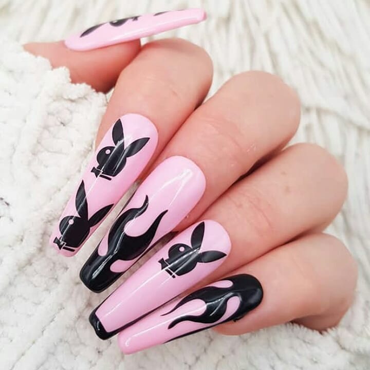 Acrylic Pink Playboy Nails with Flames Accents