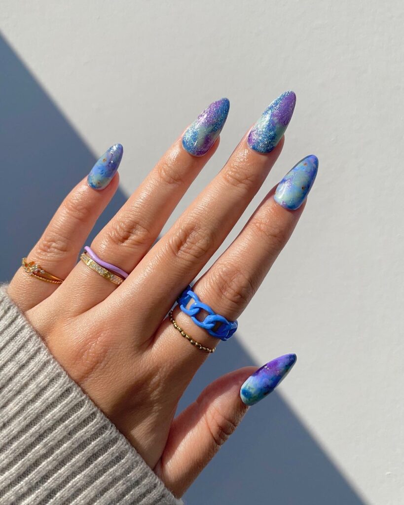 Dreamy Almond Blue Velvet Nails