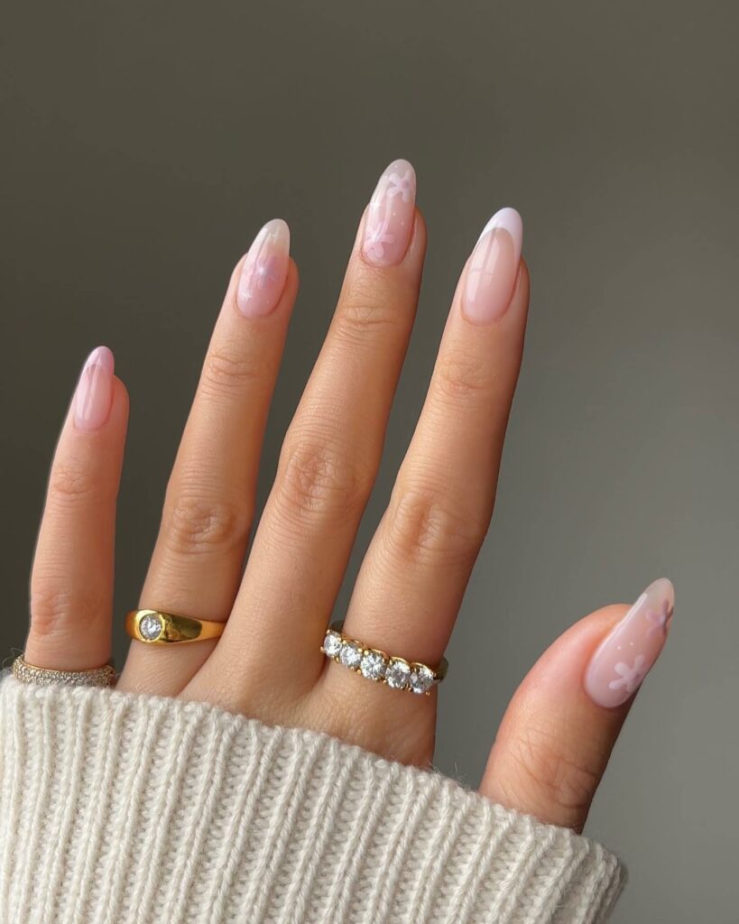 Almond Baby Pink Nails with Delicate Flower Designs