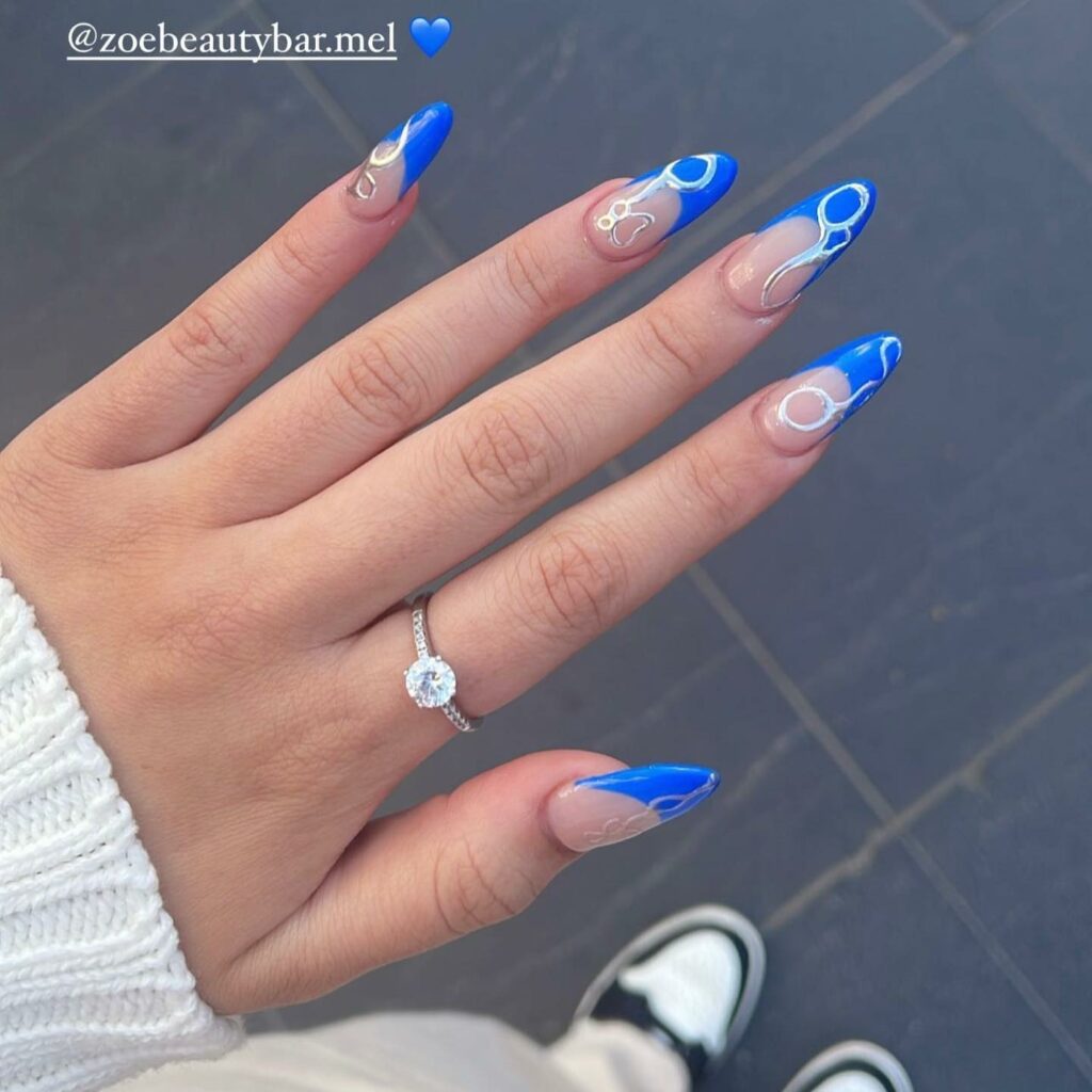 Almond French Blue Chrome Nails